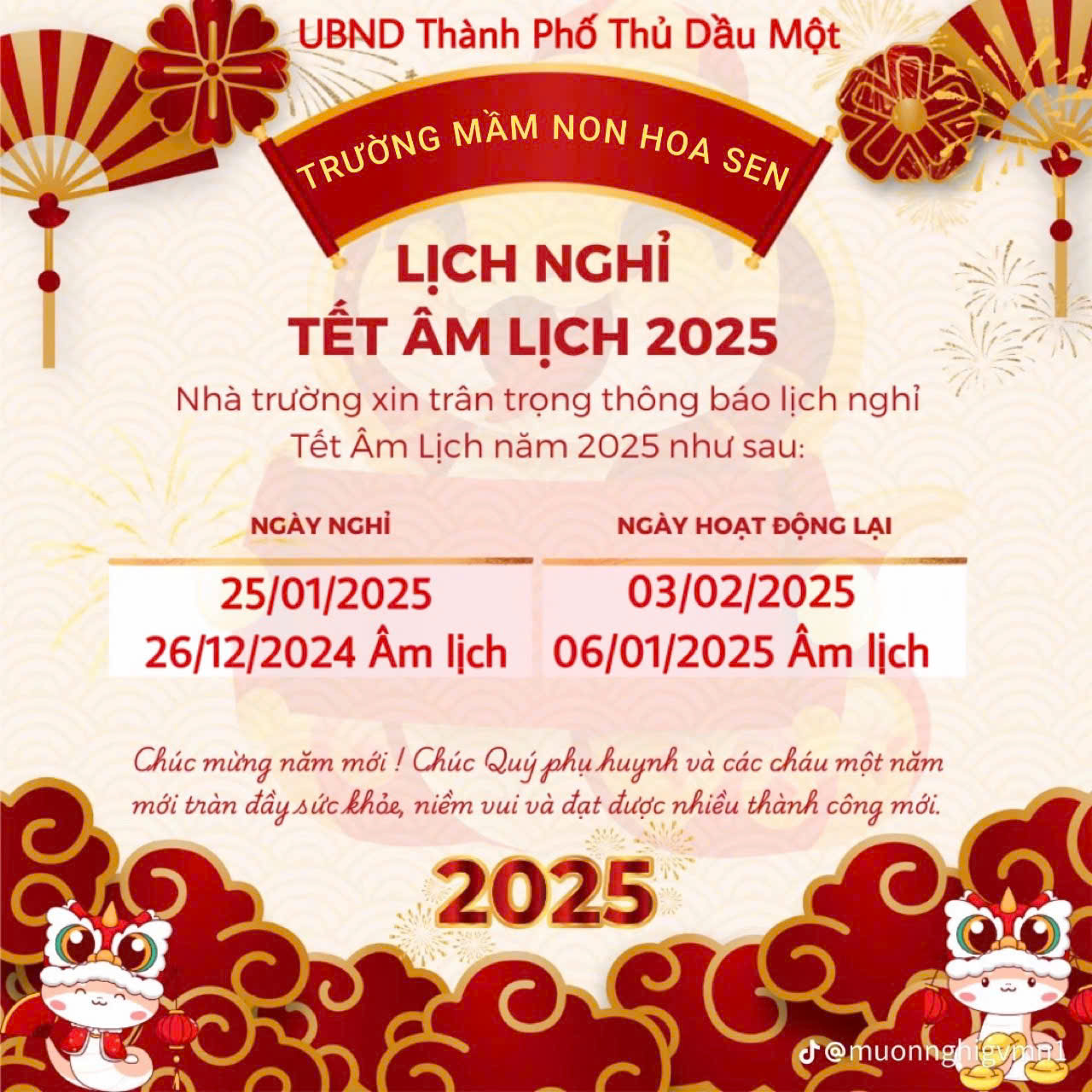 TRƯỜNG MẦM NON HOA SEN XIN TRÂN TRỌNG THÔNG BÁO LỊCH NGHỈ TẾT NGUYÊN ĐÁN 2025 CỦA CÁC BÉ