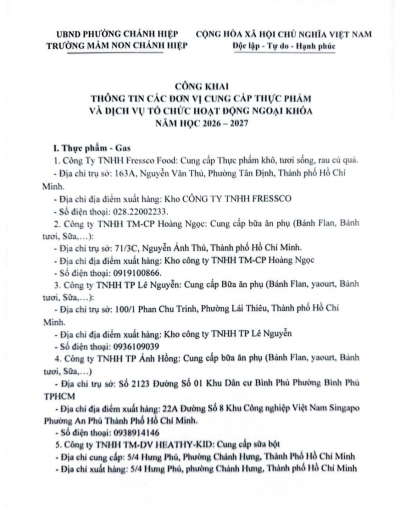 TRƯỜNG MN CHÁNH HIỆP THỰC HIỆN CÔNG KHAI THÔNG TIN