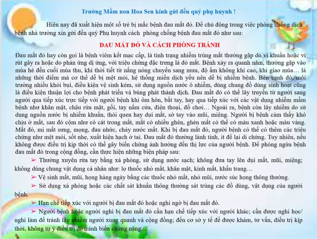 TRƯỜNG MẦM NON HOA SEN TUYÊN TRUYỀN ĐẾN QUÝ PHỤ HUYNH BỆNH ĐAU MẮT ĐỎ